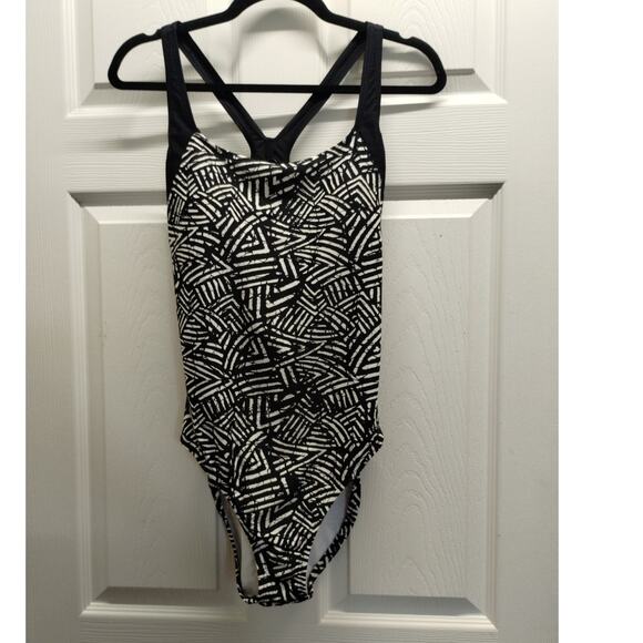 Speedo Women's Size 12 Black White Abstract Racer Back One Piece Swimsuit - Picture 1 of 6